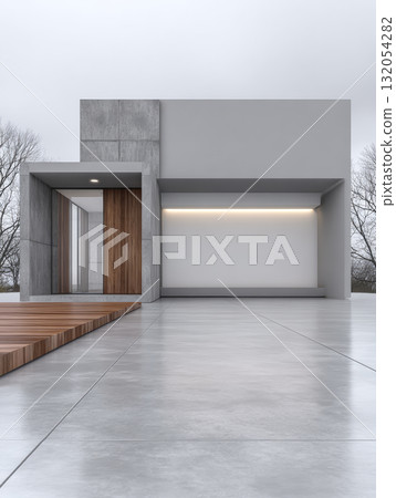 Modern architectural design of minimalist house with large windows and a wooden ceiling 132054282