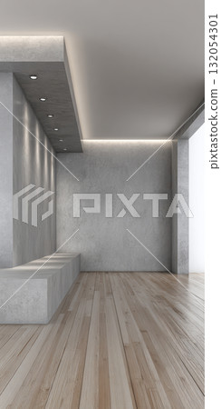 Modern architectural design of minimalist house with large windows and a wooden ceiling 132054301