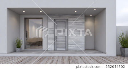 Modern architectural design of minimalist house with large windows and a wooden ceiling 132054302