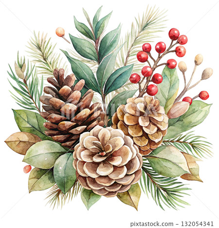 watercolor minimal botanical composition with pinecones 132054341