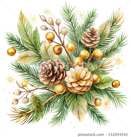 watercolor minimal botanical composition with pinecones 132054342