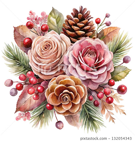 watercolor minimal botanical composition with pinecones 132054343