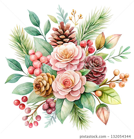 watercolor minimal botanical composition with pinecones 132054344