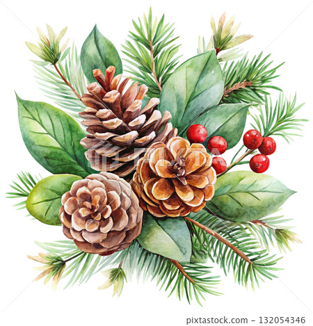 watercolor minimal botanical composition with pinecones watercolor minimal botanical composition with pinecones 132054346