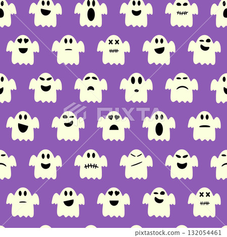 Ghost or phantom character with cute smiley face. Halloween cute ghost seamless pattern 132054461