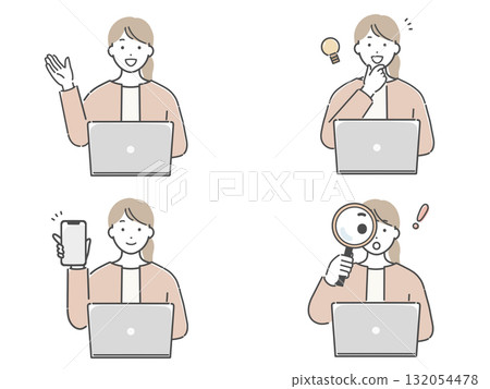 Illustration set of a young woman operating a laptop 132054478