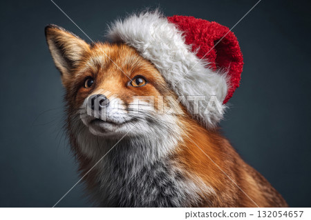 Fox in Santa hat on dark background 132054657