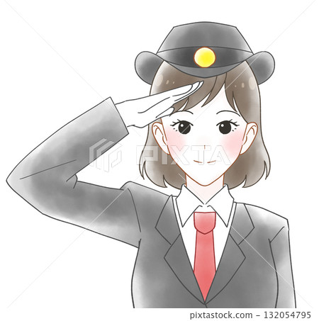 Watercolor illustration of a female station attendant wearing a long-sleeved uniform 132054795