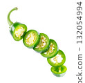 Fresh jalapeno pepper isolated on white background. Slices of green hot serrano pepper. Clipping path. Top view. 132054994