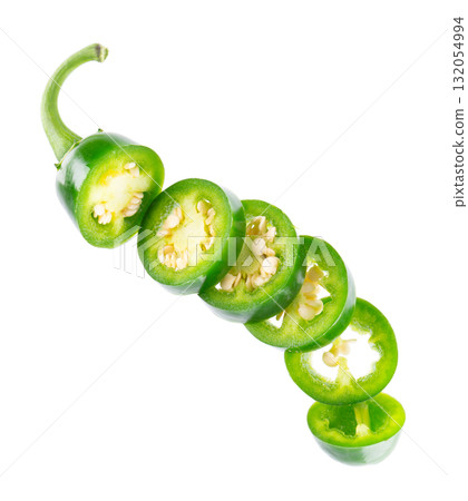 Fresh jalapeno pepper isolated on white background. Slices of green hot serrano pepper. Clipping path. Top view. 132054994