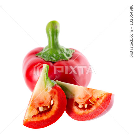 Sweet round peppers isolated on white background. Ripe round red paprika. Clipping path. 132054996