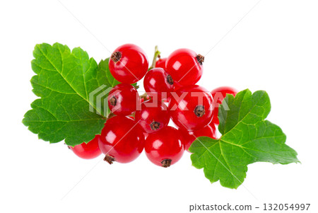 Red currant isolated on white background. Redcurrant or Ribes rubrum ripe berries with green leaves. 132054997