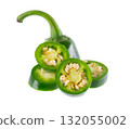 Fresh jalapeno pepper isolated on white background. Slices of green hot serrano pepper. Clipping path. 132055002