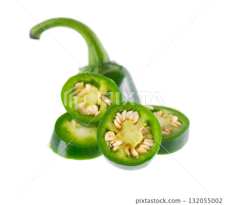 Fresh jalapeno pepper isolated on white background. Slices of green hot serrano pepper. Clipping path. 132055002