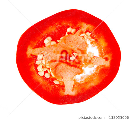 Sweet round peppers isolated on white background. Ripe round red paprika. Clipping path. Top view. Sweet round peppers isolated on white background. Ripe round red paprika. Clipping path. Top view. 132055006