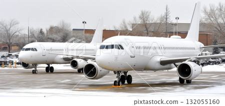 Two large white airplanes are parked closely on a snowy tarmac with trees in the background, showcasing a winter scene 132055160