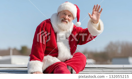 Santa Claus dressed in a red suit waves from a rooftop, spreading holiday cheer and excitement during the festive season 132055215