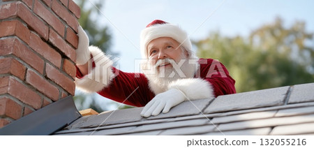 Santa Claus dressed in a red suit waves from a rooftop, spreading holiday cheer and excitement during the festive season 132055216