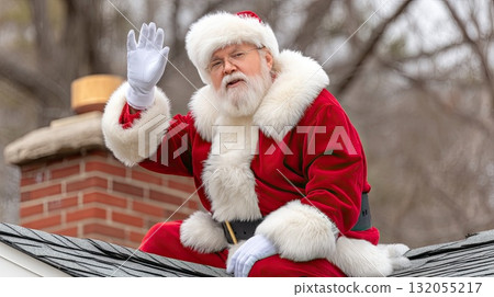 Santa Claus dressed in a red suit waves from a rooftop, spreading holiday cheer and excitement during the festive season Santa Claus dressed in a red suit waves from a rooftop, spreading holiday cheer and excitement during the festive season 132055217