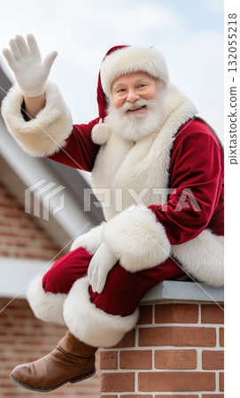 Santa Claus dressed in a red suit waves from a rooftop, spreading holiday cheer and excitement during the festive season 132055218