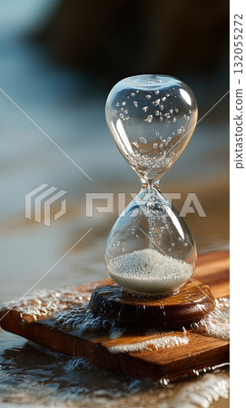An hourglass sits atop a wooden table near the water, capturing the essence of time amidst gentle waves and sunny skies 132055272