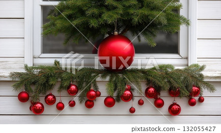 A large red ornament sits above evergreen branches with smaller red ornaments hanging down at a cozy window during the holidays A large red ornament sits above evergreen branches with smaller red ornaments hanging down at a cozy window during the holidays 132055427
