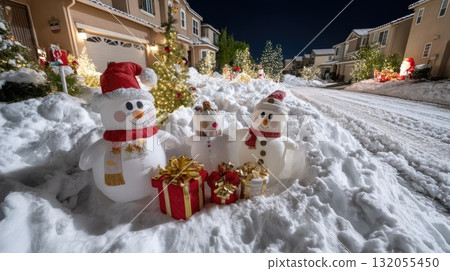 Three cheerful snowmen, adorned with hats and scarves, stand among gifts in a snowy street decorated with lights at night 132055450