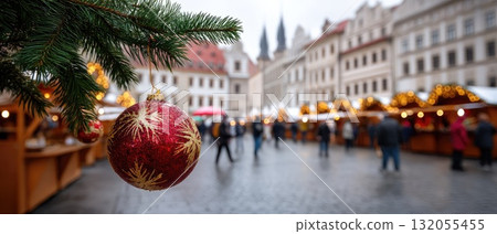 Colorful ornaments and twinkling lights create a joyful atmosphere in a market celebrating the holiday season with seasonal cheer 132055455