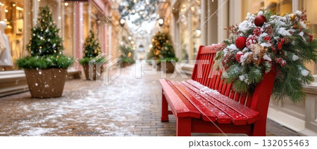 Two frosted trees with silver ornaments are placed along a snowy walkway, contributing to the winter holiday spirit Two frosted trees with silver ornaments are placed along a snowy walkway, contributing to the winter holiday spirit 132055463