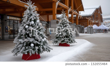 Two frosted trees with silver ornaments are placed along a snowy walkway, contributing to the winter holiday spirit Two frosted trees with silver ornaments are placed along a snowy walkway, contributing to the winter holiday spirit 132055464