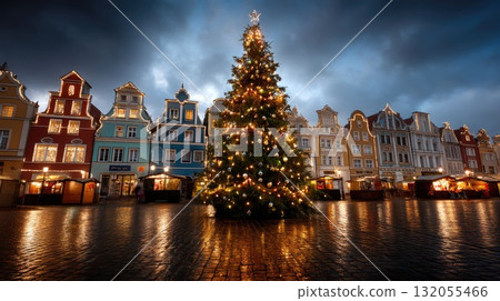 A beautiful tree adorned with lights brightens a quiet street, where buildings are illuminated under a twilight sky A beautiful tree adorned with lights brightens a quiet street, where buildings are illuminated under a twilight sky 132055466