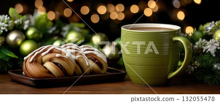 A cozy setting features a cup of warm drink beside a sweet pastry, surrounded by festive decor and soft, warm lights A cozy setting features a cup of warm drink beside a sweet pastry, surrounded by festive decor and soft, warm lights 132055478