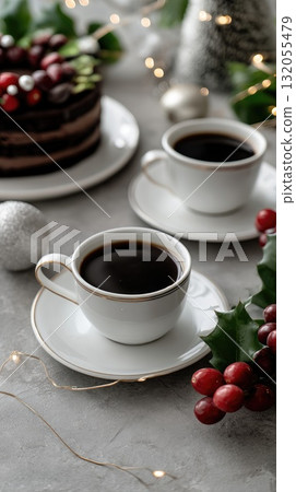 A cozy setting features a cup of warm drink beside a sweet pastry, surrounded by festive decor and soft, warm lights 132055479