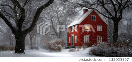 A cozy red house glows with warmth as snow blankets the landscape during a peaceful winter evening, creating a serene atmosphere A cozy red house glows with warmth as snow blankets the landscape during a peaceful winter evening, creating a serene atmosphere 132055507
