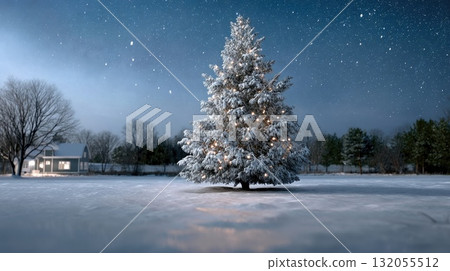 A beautiful pine tree adorned with lights stands in a snowy field, surrounded by trees, beneath a clear starry sky 132055512