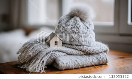 A small house model rests on a wooden surface, draped with a knitted scarf, surrounded by warm glowing lights in the background A small house model rests on a wooden surface, draped with a knitted scarf, surrounded by warm glowing lights in the background 132055522