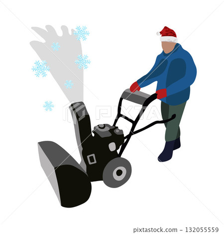Vector isolated illustration of a man removing snow with a snowplow.Snow removal for the Christmas holidays. Vector isolated illustration of a man removing snow with a snowplow.Snow removal for the Christmas holidays. 132055559