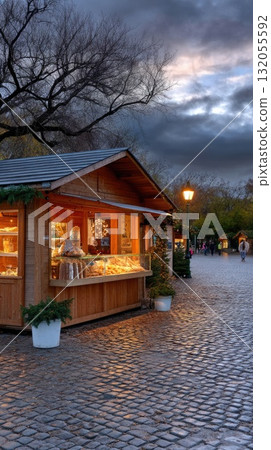 Vendors showcase sweet treats and crafts at a lively market, where twinkling lights enhance the cozy winter atmosphere 132055592