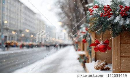 Snow falls gently on the street lined with charming booths adorned with seasonal decorations, creating a festive winter wonderland Snow falls gently on the street lined with charming booths adorned with seasonal decorations, creating a festive winter wonderland 132055639