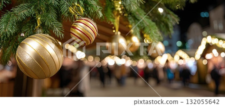 Colorful ornament hangs on a tree as people stroll through a lively winter market at night, enjoying the seasonal atmosphere Colorful ornament hangs on a tree as people stroll through a lively winter market at night, enjoying the seasonal atmosphere 132055642