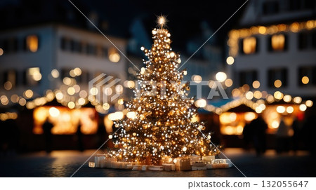 A bright Christmas tree stands at the center of a holiday market, adorned with glowing lights and surrounded by festive stalls and visitors 132055647