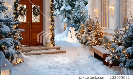 A winter scene features a snowy path to a cozy home, adorned with lights and a playful snowman nearby, creating a festive atmosphere 132055651