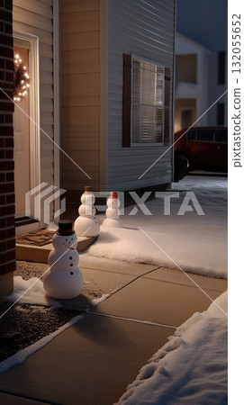 A winter scene features a snowy path to a cozy home, adorned with lights and a playful snowman nearby, creating a festive atmosphere 132055652