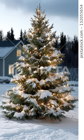 A decorated tree stands alone in a snowy field, illuminated by lights, with a cozy cabin glowing in the background under a starry sky 132055654
