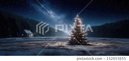 A decorated tree stands alone in a snowy field, illuminated by lights, with a cozy cabin glowing in the background under a starry sky 132055655