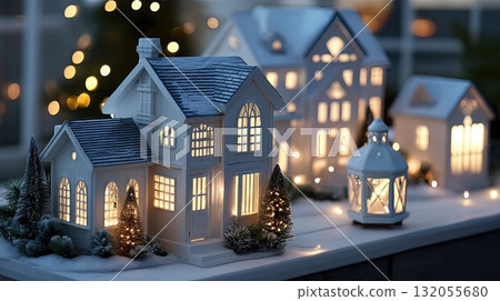 Small white houses sit on a layer of snow, with shimmering lights creating a warm and festive feel in the background during winter Small white houses sit on a layer of snow, with shimmering lights creating a warm and festive feel in the background during winter 132055680