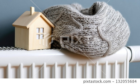 A small model house sits snugly in a soft blue scarf draped over a radiator, representing warmth and comfort during colder months 132055684