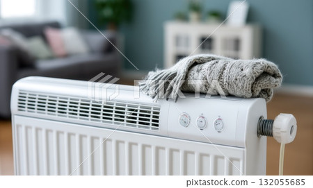 A small model house sits snugly in a soft blue scarf draped over a radiator, representing warmth and comfort during colder months 132055685