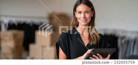 A happy woman is looking at a tablet, enjoying her online shopping experience at a neat workspace filled with greenery and packages 132055759