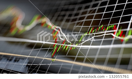 Colorful candlestick chart shows market changes with various indicators illustrating trading activity during market hours 132055761